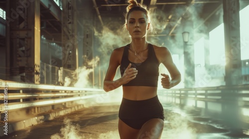 In this portrait shot, a beautiful confident fitness girl is running through a street filled with steam under a bridge, surrounded by a steam filled environment.