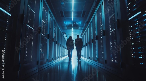 Wide shot of an IT administrator and a young technician colleague walking next to server racks in a data center. Running diagnostics or maintenance on the hardware.