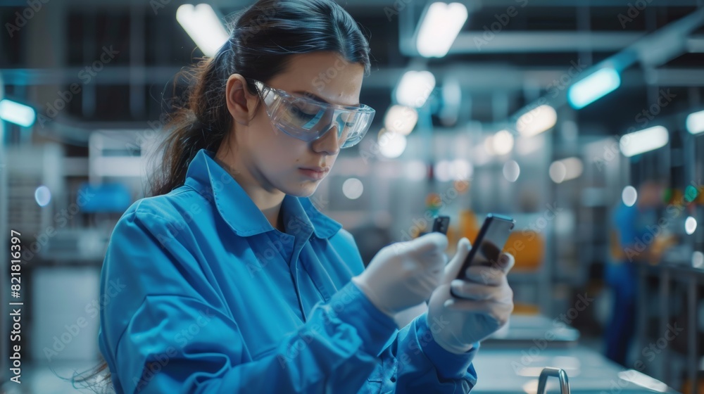 An Electronics Factory Worker wears a blue work coat and protective glasses to perform a quality check on a smartphone screen. A high-tech facility with multiple employees is seen in the background. An Electronics Factory Worker wears a blue work coat and protective glasses to perform a quality check on a smartphone screen. A high-tech facility with multiple employees is seen in the background.