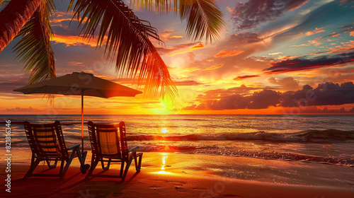 Amazing sunset beach. Romantic couple chairs umbrella palm leaves sun rays. Tranquil togetherness love wellbeing  relax beautiful landscape design. Getaway tropical island coast idyllic sea sand sky