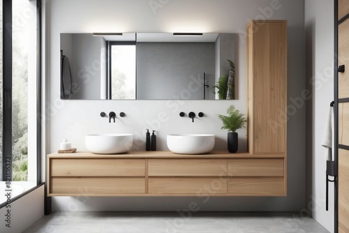 Scandinavian Spacious White And Wood Bathroom Design With Wall Mounted Wooden Vanity