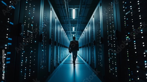 Male IT Specialist using laptop to maintain operational server racks in dark data center. Concept for Cloud Computing, Artificial Intelligence, Supercomputers, Cybersecurity.