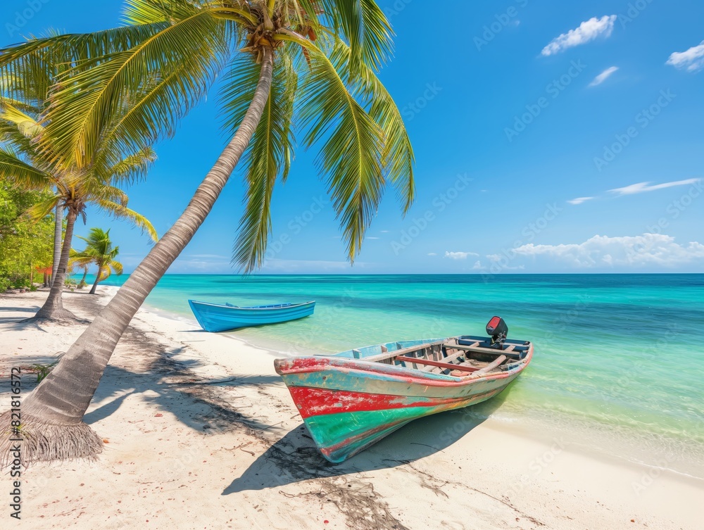 Two colorful boats on a serene tropical beach with clear blue sky and palm trees