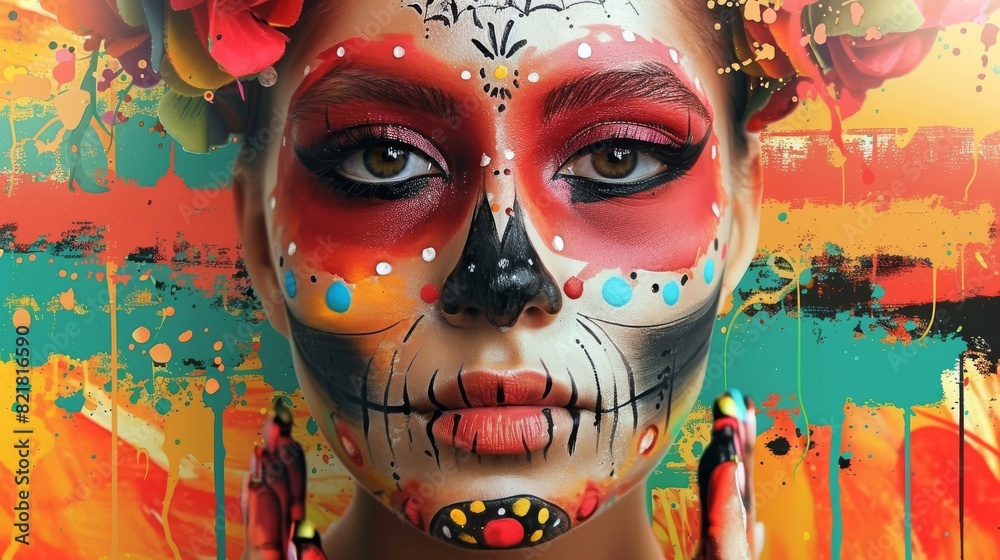 Obraz premium Colorful Day Of The Dead Skull Face With Flowers And Splashes Of Paint. Abstract Mexican Calavera