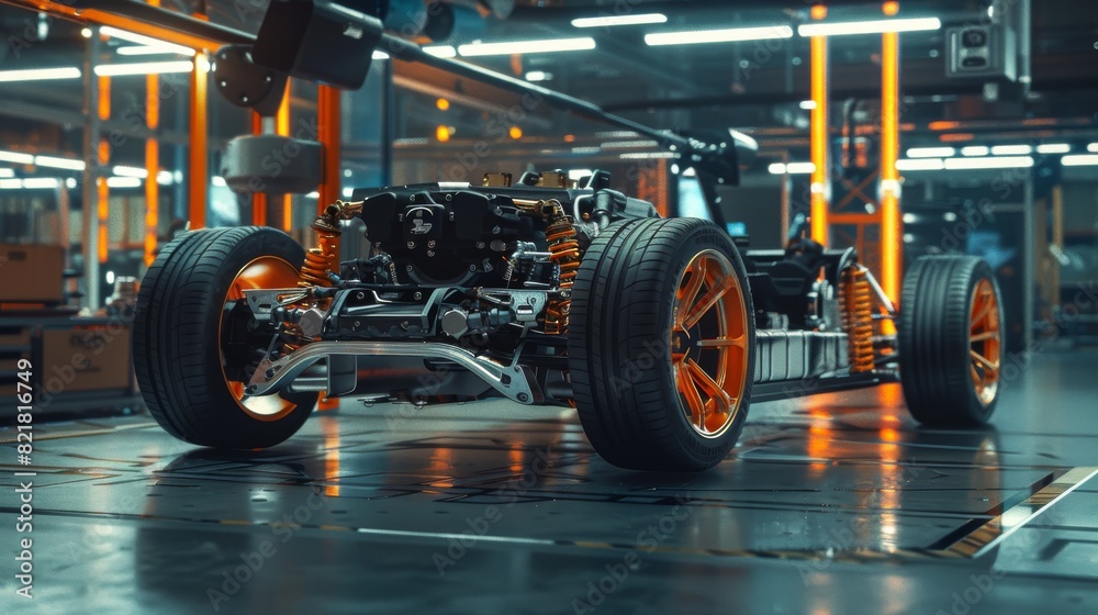 Fototapeta premium Photo of Hybrid Wheel, Engine, Brakes, and Battery. In Innovating Automotive Design Facility. Focus on Axle and Engine.