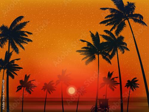 Sunset ocean view palms, seashore, horizon banner