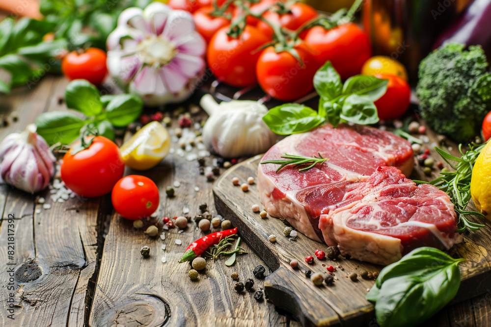 Sliced raw meat and fresh vegetables for healthy eating on a rustic wooden floor Sliced raw meat and fresh vegetables for healthy eating on a rustic wooden floor