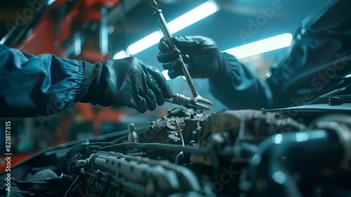 The view is a close up of a professional mechanic working on the car in a modern, clean workshop. A mechanic is wearing gloves and using a ratchet while he fixes the motor on the car. photo