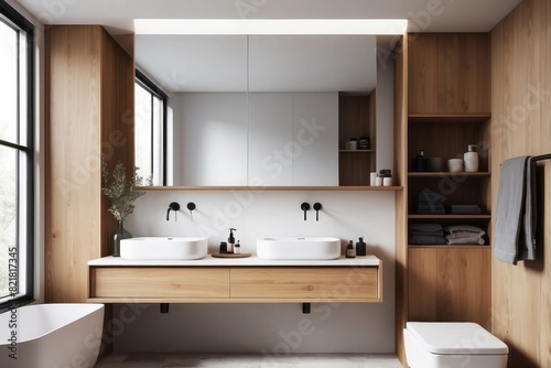 Scandinavian Spacious White And Wood Bathroom Design With Wall Mounted Wooden Vanity
