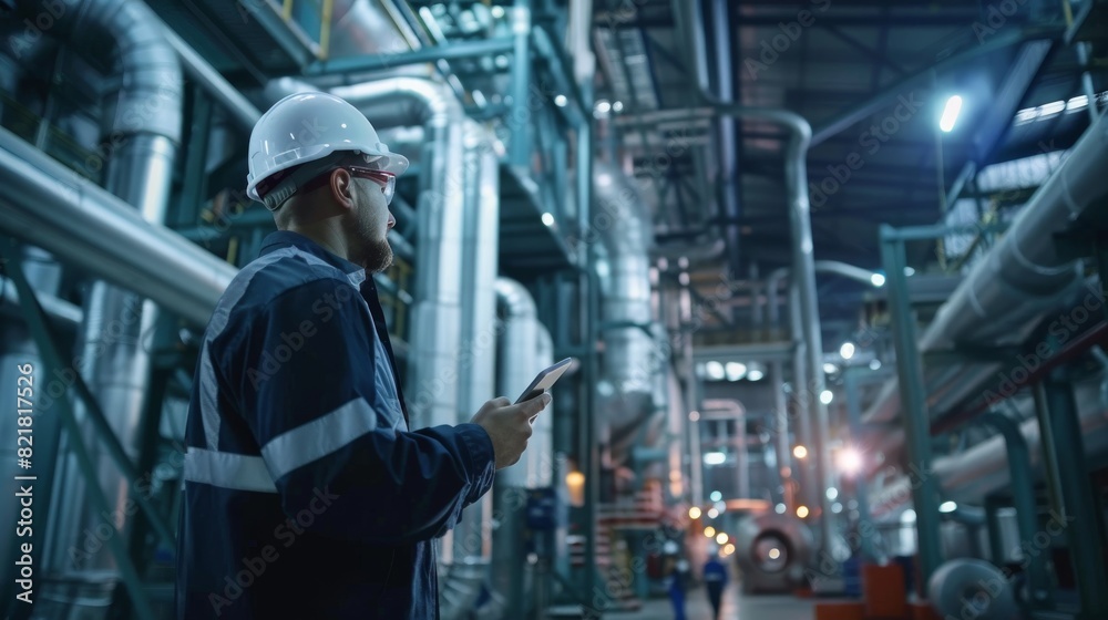 An engineer for heavy industry, using a digital tablet computer, stands in the Pipe Manufacturing Factory. This is a facility for the construction of oil, gas, and fuel pipeline transportation