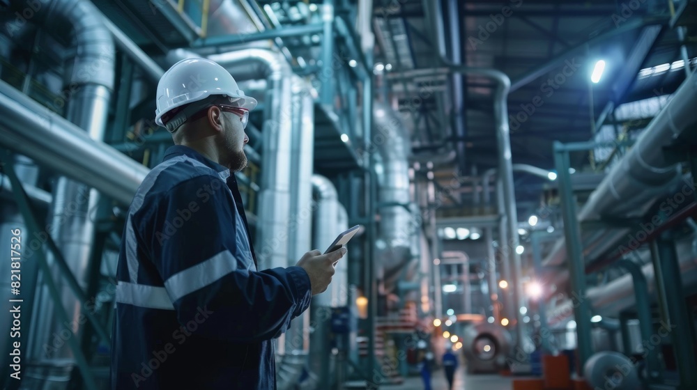 An engineer for heavy industry, using a digital tablet computer, stands in the Pipe Manufacturing Factory. This is a facility for the construction of oil, gas, and fuel pipeline transportation An engineer for heavy industry, using a digital tablet computer, stands in the Pipe Manufacturing Factory. This is a facility for the construction of oil, gas, and fuel pipeline transportation