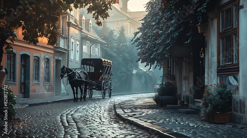 A horse carriage waiting on a cobblestone street in the serene ambiance of early morning mist. 8k, realistic, full ultra HD, high resolution and cinematic photography photo