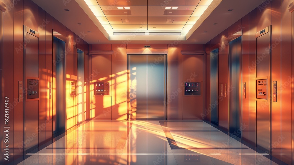 A perspective view of metal elevator doors in a hallway. Modern realistic empty modern office or hotel lobby interior with a lift, metal panel and floor display. A perspective view of metal elevator doors in a hallway. Modern realistic empty modern office or hotel lobby interior with a lift, metal panel and floor display.