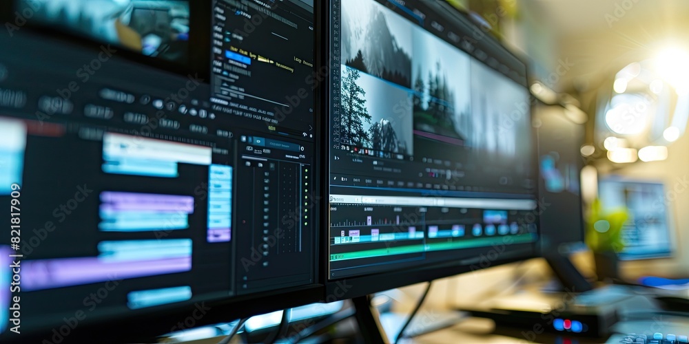 Close-up view of a computer screen displaying video editing software, with timelines, video clips, and audio tracks visible. Close-up view of a computer screen displaying video editing software, with timelines, video clips, and audio tracks visible.