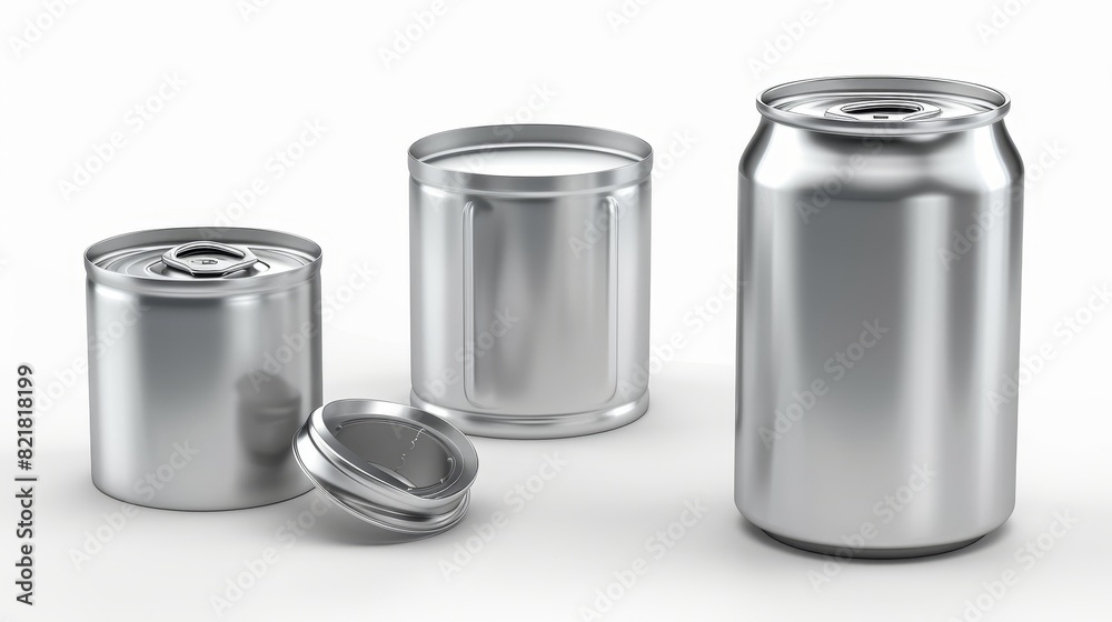 This realistic 3d modern mock-up shows a tin can with an open key on the front and an angle view of a blank cylinder metal jar with a pull ring on the lid. This realistic 3d modern mock-up shows a tin can with an open key on the front and an angle view of a blank cylinder metal jar with a pull ring on the lid.