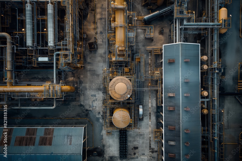 Aerial view of an industrial facility with complex structures, pipelines, and machinery. The image captures the intricate design of the factory. Aerial view of an industrial facility with complex structures, pipelines, and machinery. The image captures the intricate design of the factory.