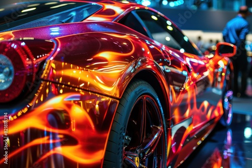 close-up shot concept sports car in a deep red full color hue  © whitehoune