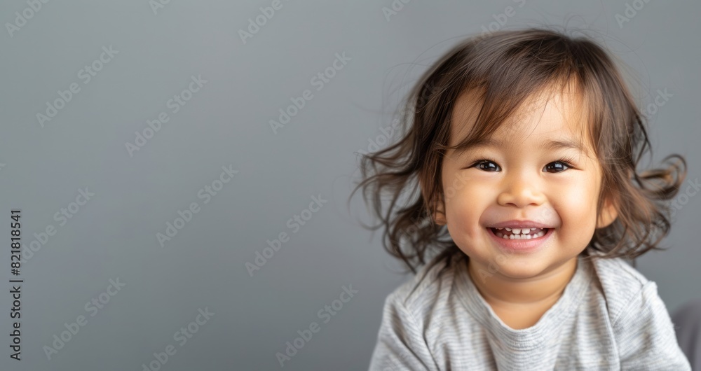 Portrait of happy asian toddler girl smiling isolated on grey, banner