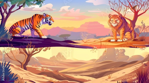 A set of cartoon landing pages with wild African animals tiger cub and monkey in a desert natural landscape. Life and pollution of nature  endangered species  primate population  modern web banners.