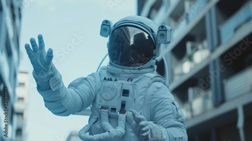 Man in Spacesuit Dancing in Neighbourhood. Astronaut in White Futuristic Suit Making Creative Robotic Moves. Spaceman in White Futuristic Suit with Technological Panel on His Hand.