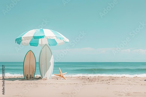 Sunny beach scene with surfboards resting under an umbrella, clear blue sky, and gentle ocean waves in the background. © AbsoluteAI