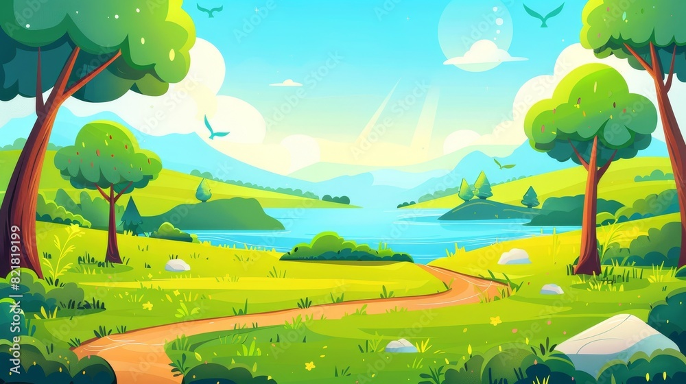 An illustration of a summer landscape featuring a blue lake, green fields, a footpath leading to the water, birds flying high in a sunny sky and hills on the horizon.