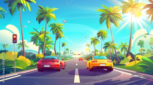 Cartoon modern illustration of four lane high-speed highway with cars riding straight under blue skies under traffic signs on light poles. Tropical vacation destination. photo