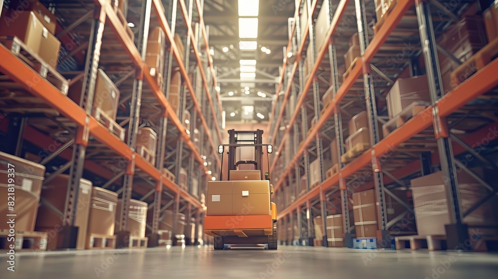 The operator of an electric forklift truck lifts a pallet with cardboard box from a shelf in a warehouse full of goods. Working in a warehouse with product logistics and delivery centers. The operator of an electric forklift truck lifts a pallet with cardboard box from a shelf in a warehouse full of goods. Working in a warehouse with product logistics and delivery centers.