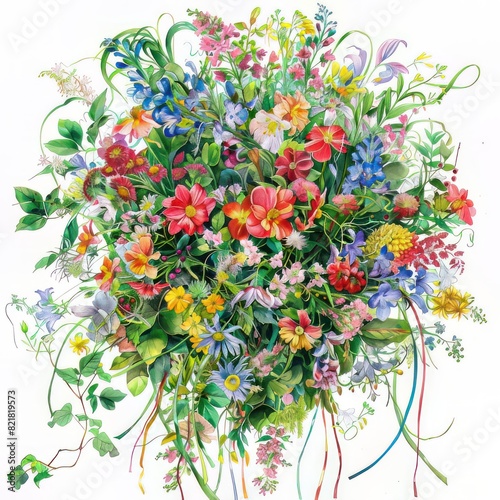 Watercolor painting of an extravagant floral arrangement overflowing with vibrant blooms of all shapes and sizes  interspersed with lush greenery  Generative AI