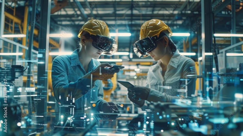 This is a portrait of two professional engineers using an industrial tablet to work with augmented reality. A great template shot for augmented reality. A factory workshop with CNC machines. This is a portrait of two professional engineers using an industrial tablet to work with augmented reality. A great template shot for augmented reality. A factory workshop with CNC machines.