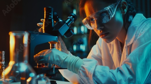 An advanced medical lab for medicine and microbiology development. Female scientist examining biochemical samples under the microscope.