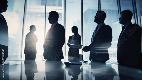 Double exposure image of silhouettes of many business people conference group meeting in city office building in background showing successful partnership in business deal. Concept of teamwork, trust 