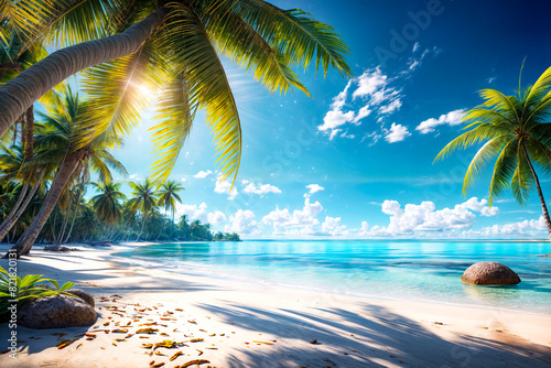 Tropical natural landscape with coconut palm trees at sky background  amazing tropic scenery. Concept of summer vacation and travel holiday. Fantastic sunrise for vacation design. Copy ad text space