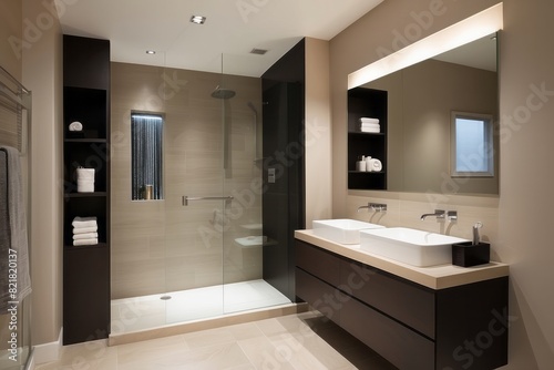 Modern Dark Beige Small Bathroom Design With Grey Bathroom Cabinet