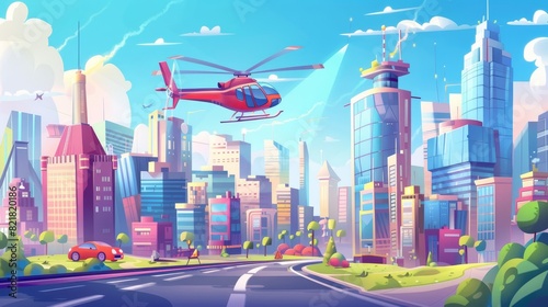 Modern illustration of futuristic urban landscape with highway, skyscrapers, apartment buildings, helicopters on roofs of skyscrapers, and blue skies with clouds. photo