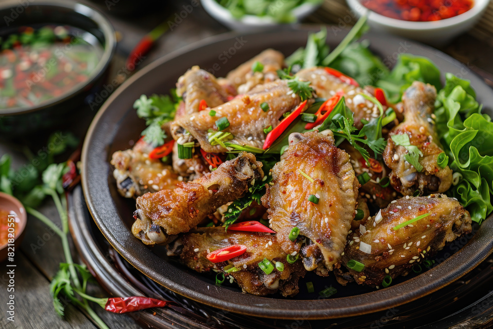 Spicy Grilled Chicken Wings with Fresh Herbs and Chili Peppers on a Rustic Plate Spicy Grilled Chicken Wings with Fresh Herbs and Chili Peppers on a Rustic Plate