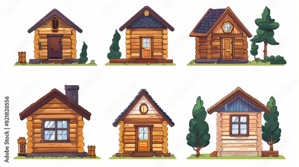 Modern summer forest house set with wooden shack icon isolated on white background. A timber cottage building with doors, lodges, windows, and roofs.