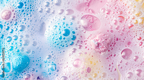 Colorful foam after dissolving bath bomb in water closeup