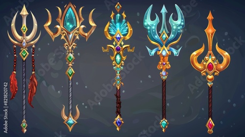 Fantastic harpoon or trishul decorated with jewelry with magic power for game UI level range of Poseidon or Neptune. photo