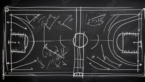 A basketball play drawn on a chalkboard with white lines.