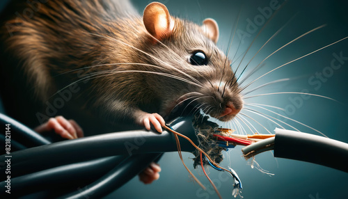 Rat chewing electrical and internet optical cables causing damage and creating a need for pest control services photo