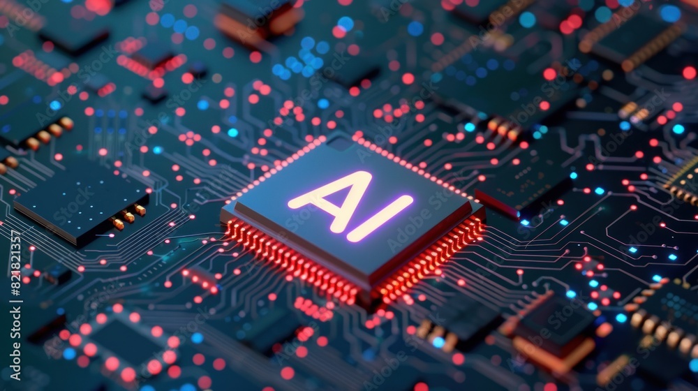 AI technology. Chip with AI letters and circuit board. AI technology. Chip with AI letters and circuit board.