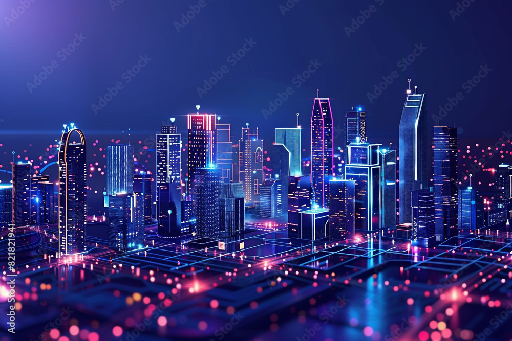 Smart city on a dark blue background, featuring intelligent infrastructure and connected buildings This futuristic cityscape showcases IoT, 5G and AI integration  