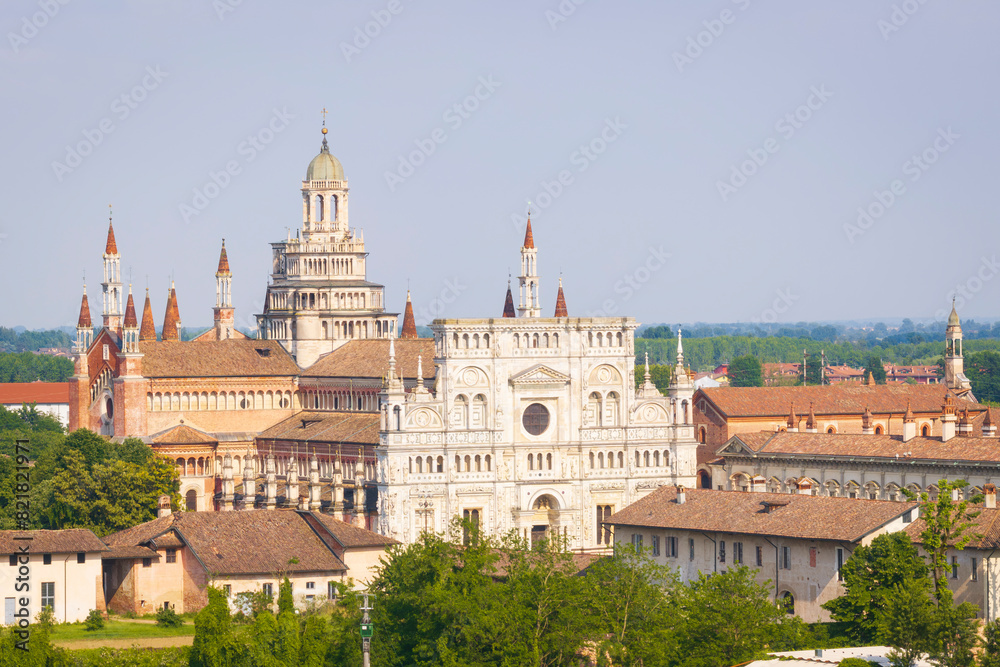 Aerial shot of Certosa di Pavia cathedral a historical monumental complex that includes a monastery and a sanctuary. Pavia ,Italy. Aerial shot of Certosa di Pavia cathedral a historical monumental complex that includes a monastery and a sanctuary. Pavia ,Italy.