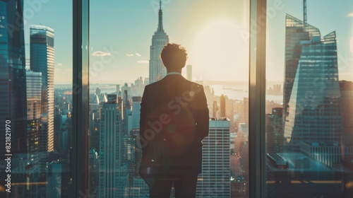 A successful salesman in a tailored suit stands in his modern office looking out at a big city filled with skyscrapers. A successful finance manager plans a new project strategy. photo