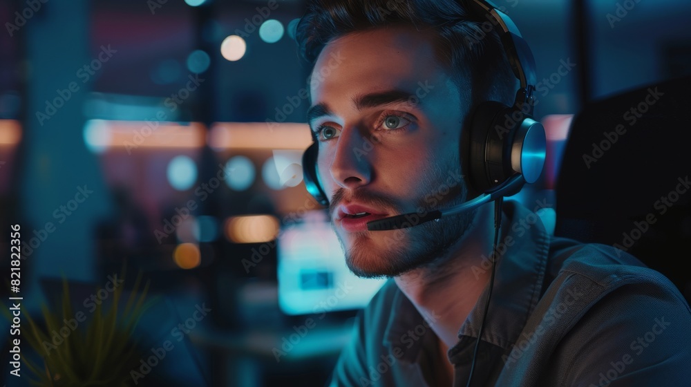 In a modern open-plan office at night, a young Caucasian male call center worker wears a telephone headset and talks on the support line seriously. In a modern open-plan office at night, a young Caucasian male call center worker wears a telephone headset and talks on the support line seriously.