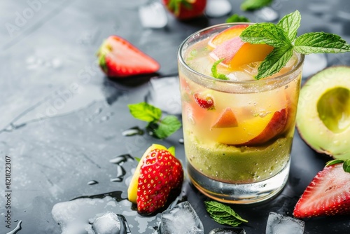 Glass containing a beverage made of strawberries, avocado, peach, and mint
