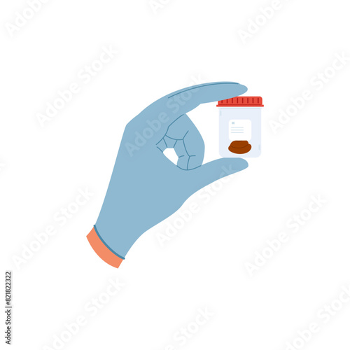 Hand in a blue glove holding plastic container with feces sample. Stool analysis.