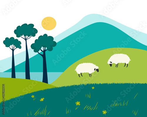 White sheep with black muzzles graze in a meadow. Vector landscape with fields and mountains. Vector illustration.
