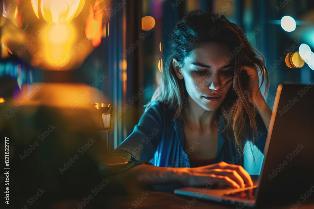 Stressed, worried and tired female entrepreneur typing on a laptop and working overtime late at night.